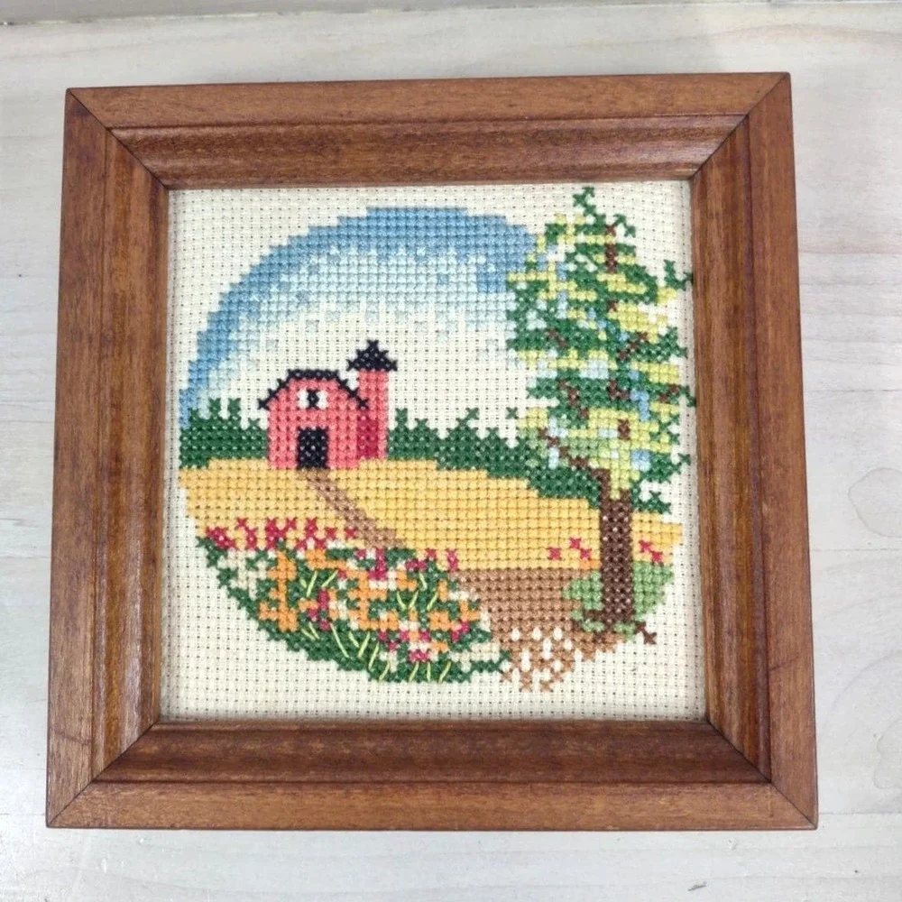 Vintage Completed Cross Stitch Framed Country Seasonal Landscapes Retro Decor